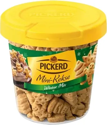 A clear studio shot of a container of Pickerd Mini-Kekse Winter Mix cookies.