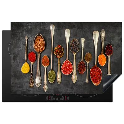 Produktbild von KitchenYeah© Herdabdeckplatte Löffel - Beton - Kräuter - Gewürze , 80x52cm, Küche Deko, Glaskeramikkochfeld Herdabdeckung, Abdeckplatte fùr Kochfeld