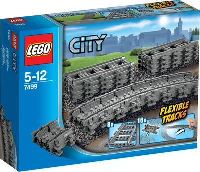 The image shows the front of a LEGO City Flexible Tracks set packaging.