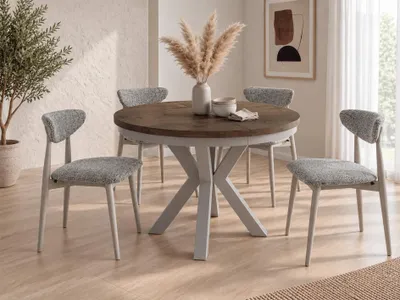 Produktbild von Runder Ausziehbarer Esstisch im Loft-Stil - Industrieller Tisch mit Grau-Beige Kaschmir Metallbeinen - Platzsparender Tisch für Wohnzimmer - Lefkas Eiche - 120 bis 200 cm