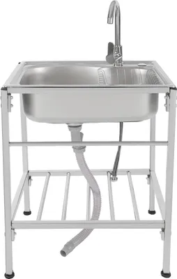 Obrázek produktu pro Nerezový dřez - Volně stojící dřez s jednou mísou - Rozměry 60 x 45 x 75 cm - Obdélníkový tvar - S košem - Baterie studená/teplá - Stříbrná barva
