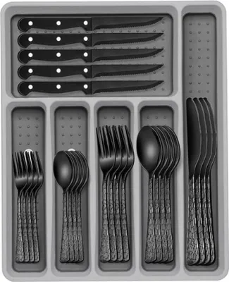 Produktbild von 49-teiliges, gehämmertes Silberbesteck-Set mit Organizer, robustes Edelstahlbesteck für 8 Personen, inklusive Steakmessern, rostfrei, hochglanzpoliert, spülmaschinenfest