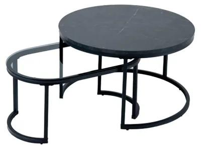 Image de Tables basses gigognes VELTO noires effet marbre avec plateau en verre trempé