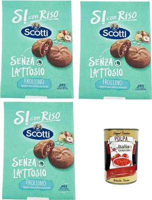 Produktbild von Si con Riso - Frollino Ripieno alla Crema alla Nocciola - Kekse mit Haselnusscreme gefüllt, Laktose -freie und palmenfreie Kekse, Lactose -free biscuits 3x 200 g + Italian Gourmet polpa 400g