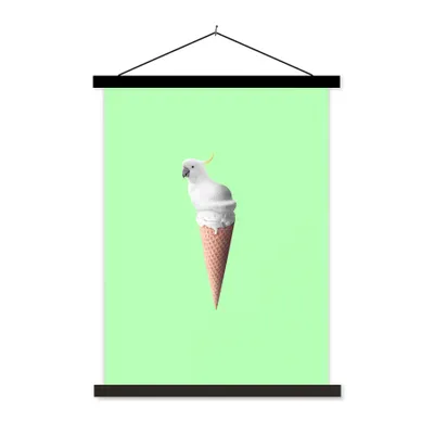 Produktbild von MuchoWow® Textilposter Papagei - Eistüten - Eiscreme - Weiß - Grün 90x120 cm mit schwarzem Rahmen - Dekoration