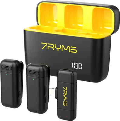 Produktbild von 7RYMS Rimo S1LN Kabelloses Mikrofonsystem mit 1 Empfaenger und 2 Mikrofonen, 50 m uebertragungsreichweite, integrierter Akku mit Ladehuelle, Ersatz fuer iPhone, Smartphones, Computer, Laptop, Kamera fuer Live-Streaming, Interview, Vlog