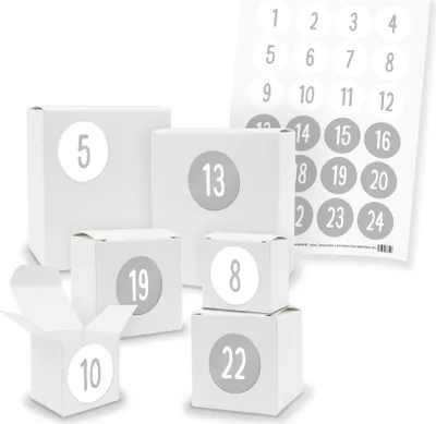 Produktbild von Adventskalender zum Füllen 24x Quader Würfel gemischt WEISS + Sticker (V01 Z31)