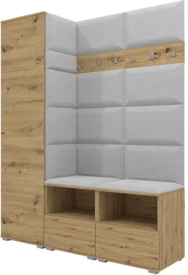 A corner hallway furniture set with a tall cabinet, a bench with storage, and padded wall panels with coat hooks.