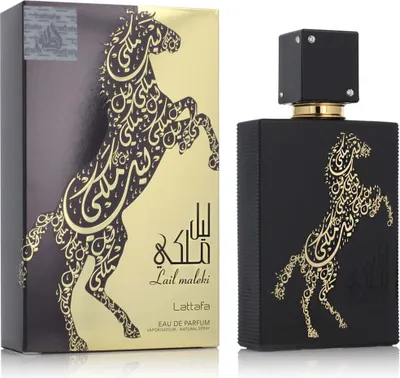 A perfume bottle and its packaging are displayed against a white background.