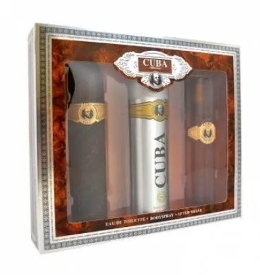 A gift set of three Cuba brand fragrance products displayed in a retail box.