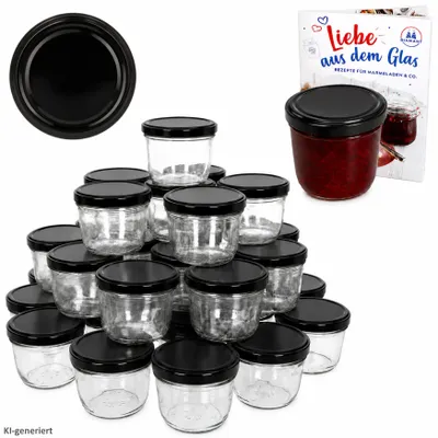 Produktbild von 100er Set Sturzglas 230 ml To 82 schwarzer Deckel incl. Diamant-Zucker Gelierzauber Rezeptheft