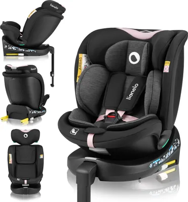 A collage of images showing a black and pink car seat from different angles, including a close-up of the interior and a view of the base.