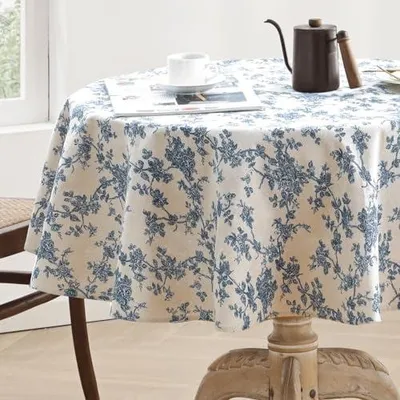 Produktbild von Rustikale Blume Drucken Tischdecke Rund 140cm, Maschine waschbar Baumwolle Leinen Tischdecke, Indoor Outdoor Vintage Tischdecken für den täglichen Gebrauch - Blaue Blume, Rund 140cm