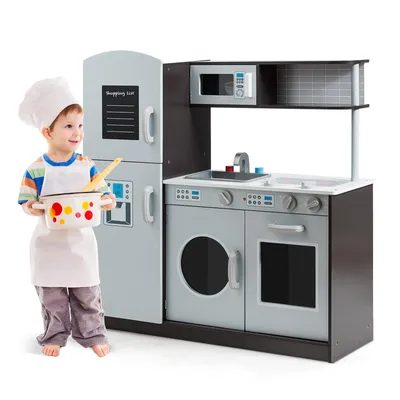 Zdjęcie produktu dla Kuchnia dla dzieci COSTWAY, kuchnia do zabawy z tablicą, zlewem, kranem, dźwiękami klikania, kuchenką, piekarnikiem i kuchenką mikrofalową, zabawkowa kuchnia dla dzieci w wieku 3 lat i starszych