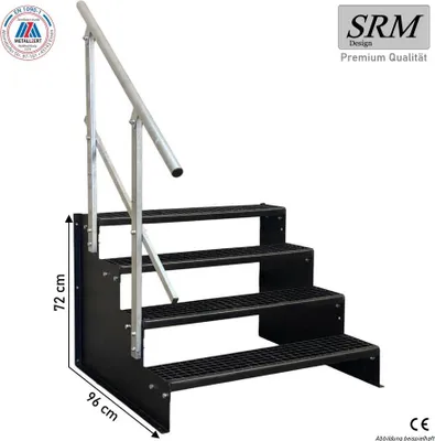 Zdjęcie produktu dla Schody stojące, 4 stopnie, model 2, kolor czarny, szerokość 80 cm, wysokość 72 cm. 1 sztuka poręczy prostokątnej
