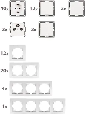A collection of electrical components, including sockets, switches, and frames, arranged in rows and columns against a white background.