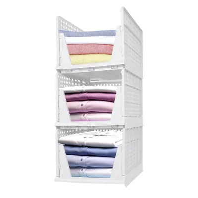 Produktbild von 3er Set Höher Schubladenbox,Stapelbare Kleiderschrank Organizer, Faltbaren Regal Aufbewahrungsbox,Plastik Körbe Lagerkisten für 33.5x43x73cm Weiß