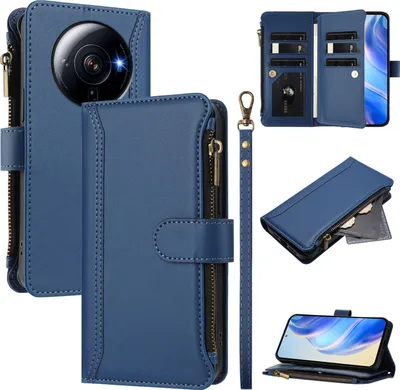 Produktbild von Handyhülle für Xiaomi 12S Ultra Reißverschluss Geldbörse Kunstleder Klapphülle mit Kartensteckplatz, Ständer, Handschlaufe Dunkelblau
