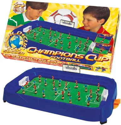 A product shot of a foosball game and its packaging, featuring children and game elements.