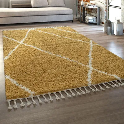 Produktbild von Paco Home Hochflor Teppich Wohnzimmer Shaggy Fransen Rauten Skandi Muster 140x200 cm