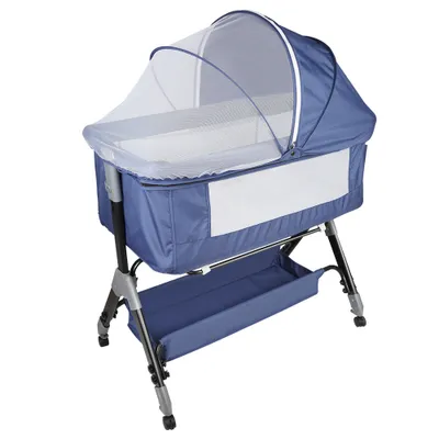 Image de Lit d'appoint pour bébé Réglable en hauteur sur 4 niveaux avec étagère, matelas ,bleu