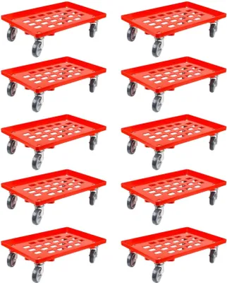 Produktbild von SparSet 10x Transportroller für Euroboxen 60x40cm mit Gummiräder rot | Gitter/Rasterdeck | 4 Lenkrollen | Traglast 300kg | Kistenroller Logistikroller Rollwagen Profi-Fahrgestell