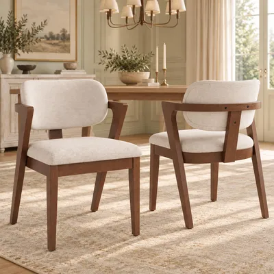 Productafbeelding van Flieks eettafelsstoelen, set van 2, met linnen bekleding. Keukenstoelen, gestoffeerde stoelen met een massief houten frame. Zitstoel voor de woonkamer, in walnootkleur