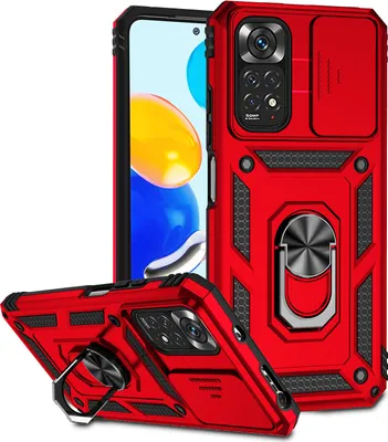 Produktbild von Redmi Note 11 Hülle mit Schiebe Kamera Schutz und Ringhalter Ständer Robust Rüstung Schutzhülle für Xiaomi Redmi Note 11 / Note 11S Rot