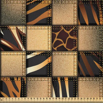 Produktbild von ABAKUHAUS Safari Microfaser Stoff als Meterware , Jeans Denim Patchwork in Safari Stil Wildnis stilisierte Design Kunstdruck, 10 M (230 x 1000 cm), Braun und Schwarz