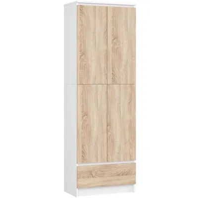 Produktbild von Büro-Bücherregal R60 Breite 60 cm Schublade im unteren Teil 4 Regale mit 2 Türen 4 Ablagen mit 2 Klapptüren für Dokumente für ein Wohnzimmer Arbeitszimmer Laminierte Platte 16 mm H180 x B60 x T35 cm Farbe: Weiß Hellbraun