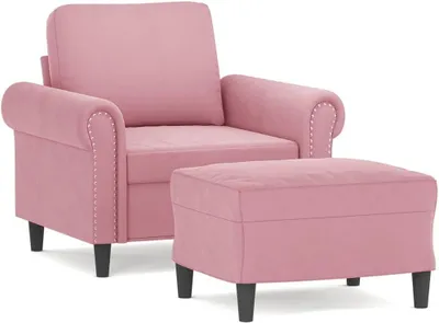 Produktbild von Rosa Sessel mit Hocker, 60 cm, aus Samt, mit stabilem Gestell und bequemer Polsterung, kompakte Größe für das Wohnzimmer, vielseitig nutzbarer Fußhocker, modernes Design, Belastbarkeit bis 110 kg