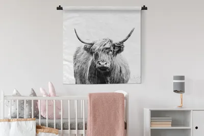Produktbild von MuchoWow® Wandteppich Wandbehang Schottisches Hochlandrind - Porträt - Schwarz - Weiß 90x90 cm Tapisserie Dekoration Wandtuch - Wandaufhänger