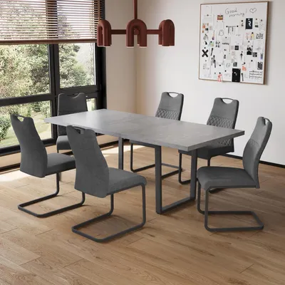 Zdjęcie produktu dla Rozkładany stół jadalny z 6 krzesłami, wykonany z MDF, wymiary: 130-170 cm, kolor: szary