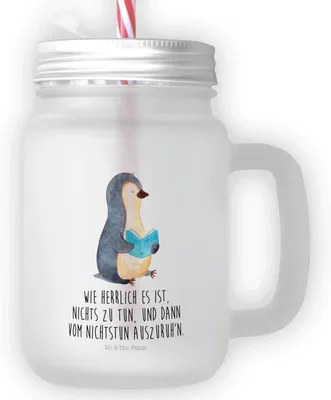 Produktbild von Mr. & Mrs. Panda Glas Pinguin Buch - Transparent - Geschenk, Trinkgefäß, Urlaub, dessertglas, Cocktailglas, Lesen, Mit Deckel Und Strohhalm, Bücherwurm, Glasbecher