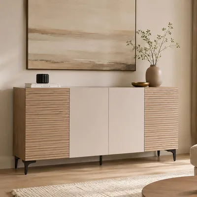 Image de Buffet HWC-Q84, meuble de rangement, portes avec structure 3D, compartiments de rangement, MDF mélaminé, dimensions 80x160x42 cm, aspect noyer clair