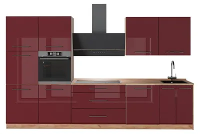 Imagen del producto de Mueble de cocina Vicco Fame-Line Rojo Burdeos alto brillo/Roble dorado 340 cm sin encimera, Model 64607