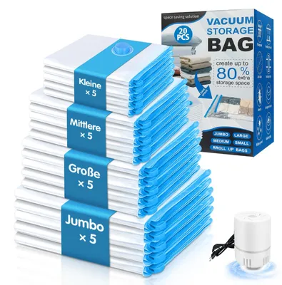 Vakuumbeutel 20er Set mit Pumpe, 5 Größen, wiederverwendbar