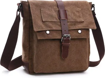 Image de Sac à bandoulière unie - Sac à bandoulière polyvalent - Sac pour ordinateur portable en toile vintage - Sac à bandoulière à plusieurs compartiments - Sac de travail et d'école - Sac à bandoulière marron