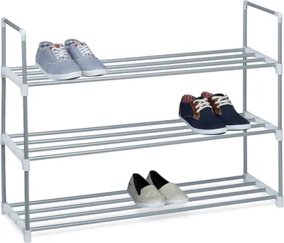 Produktbild von Relaxdays Schuhregal Stecksystem, 3 Ebenen, für 12 Paar Schuhe, HxBxT: 70 x 90 x 31 cm, Schuhständer Metall, silber/weiß