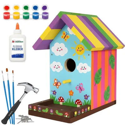 Produktbild von Vogelhäuschen Nistkasten Bausatz - Zum Selbstbauen und Bemalen - Inklusive Hammer und Nägel - Für Kinder