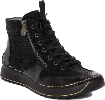 A black women's winter boot with a side zipper and laces, shown against a white background.