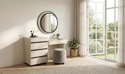 Obrázok produktu pre Sada toaletného stolíka: komoda, zrkadlo, stolička. Moderný, biely, elegantný toaletný stolík