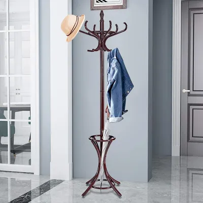 A coat rack with a hat and jacket on it, standing in a hallway.