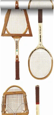 Produktbild von ESTAhome XXL-Vliestapete Vintage-Tennisschläger Weiß, Braun und Beige 50 x 900 cm