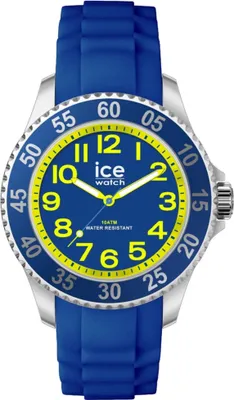 A close-up studio shot of a blue and yellow Ice Watch.