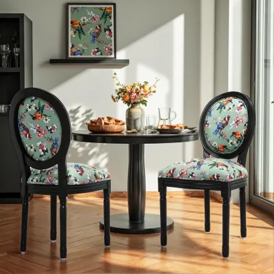 Image de Chaise de salle à manger baroque, style français de la campagne, chaise baroque rembourrée avec dossier rond en bois, pour cuisine et salle à manger, lot de 2, couleur bleue