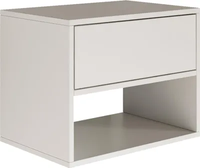 A white nightstand with a drawer and an open shelf, presented against a white background.