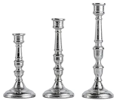Produktbild von 3er Set Kerzenständer Aluminium Silber Deko - Moderne Kerzenleuchter für Stabkerzen - Tischdekoration Hochzeit - Wohnzimmer Dekoration - H 21, 26 und 31 cm