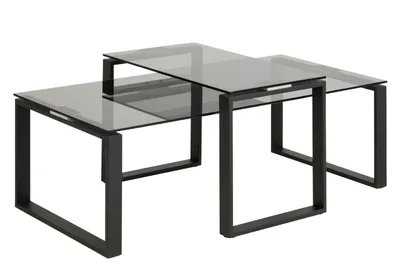 Zdjęcie produktu dla OXM Lugo stylowy stolik kawowy do salonu zestaw szkło przydymione szkło hartowane / metal matowy czarny szorstki malowany proszkowo 115 x 45 x 69 cm