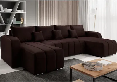 Produktbild von Easy4You Pufetto Velours Braun Ecksofa U-Form 320 x 80 x 147 cm mit Schlaffunktion und Bettzeugbehälter - Schlafsofa mit Bettkasten - Eckcouch mit Stauraum – Stoff: MANILA 04